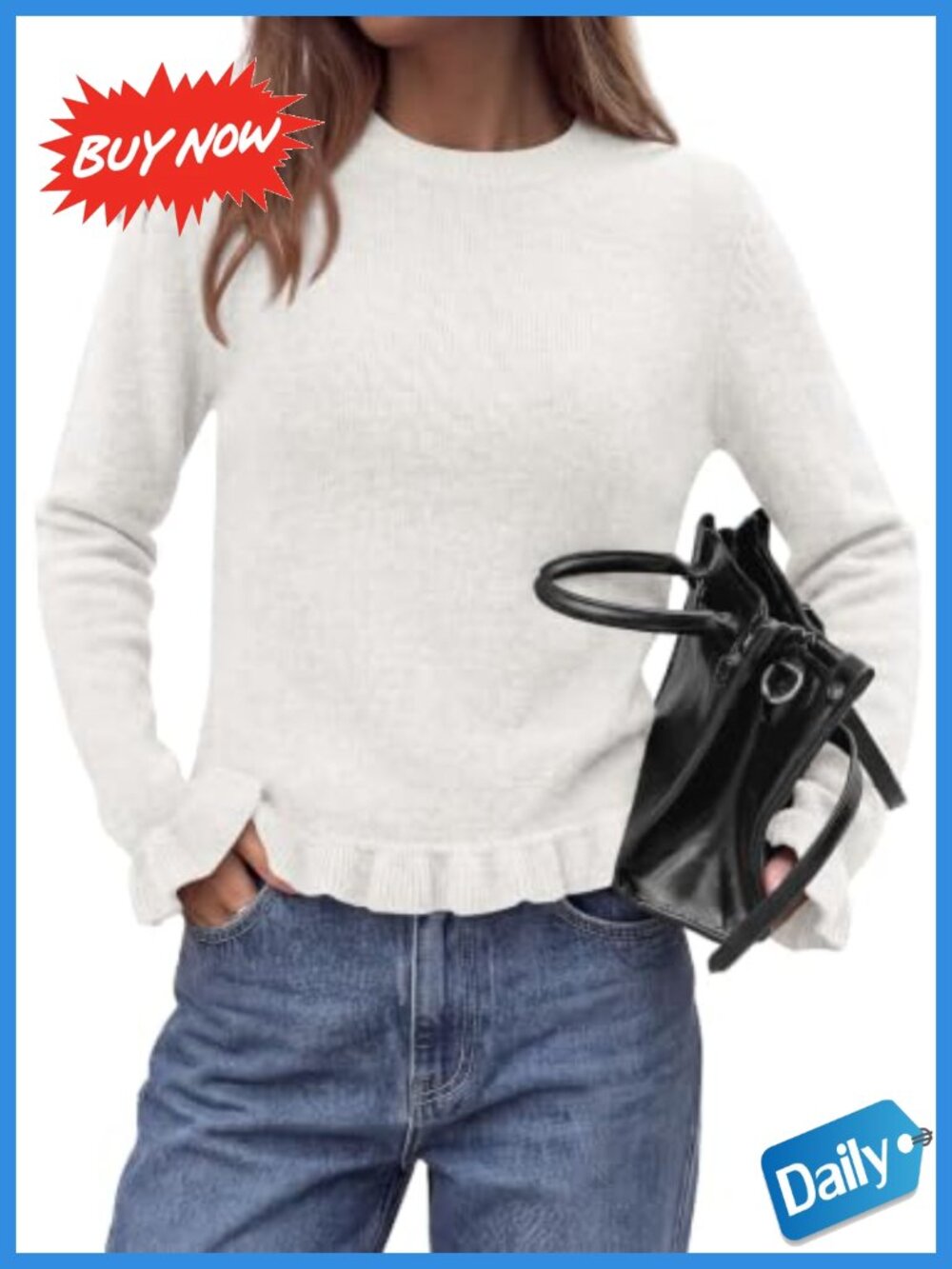 Women's Ruffle Sweater Cozy Knit Pullover Crew Neck Long Sleeve
